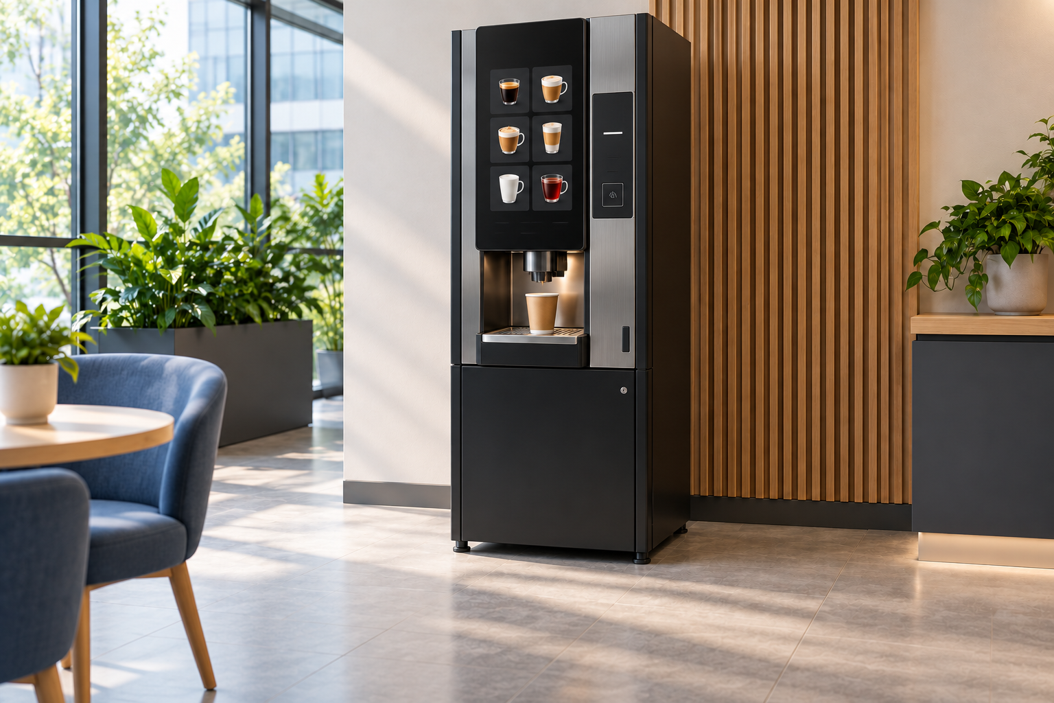 Staande koffieautomaat met display en bekeruitgifte op werkhoogte