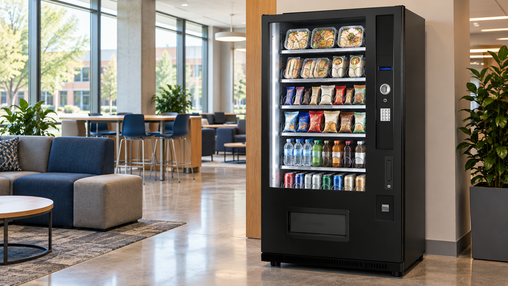 Combi-automaat met gekoelde maaltijden, snacks en dranken