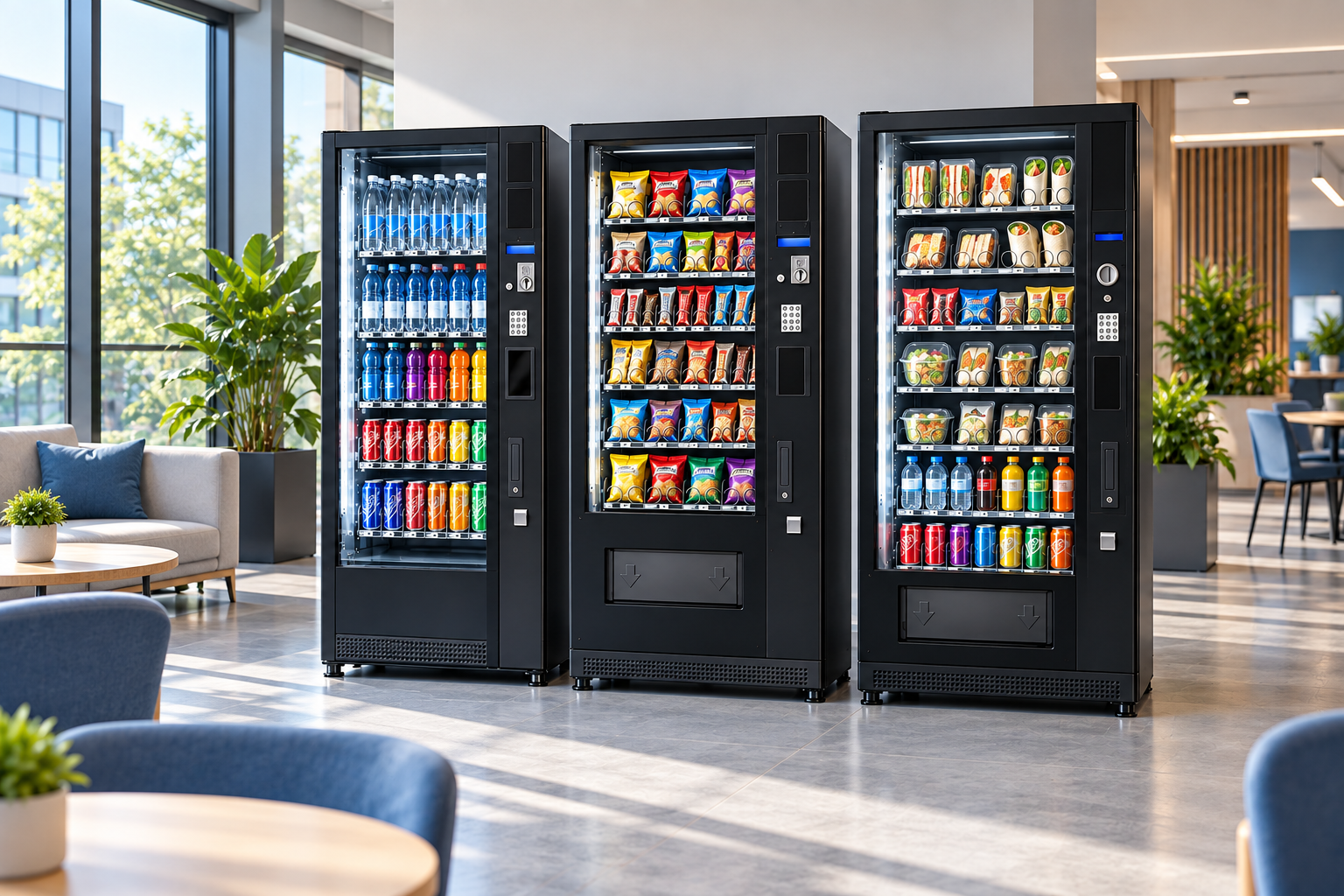 Rij met drie verkoopautomaten voor dranken, snacks en gekoelde maaltijden in een lichte ontvangstruimte